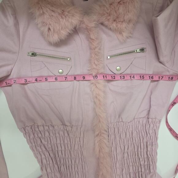 Y2K Bebe Pink Cotton Jacket Rabbit Fur Collar Size Large Very Barbie - Picture 5 of 6